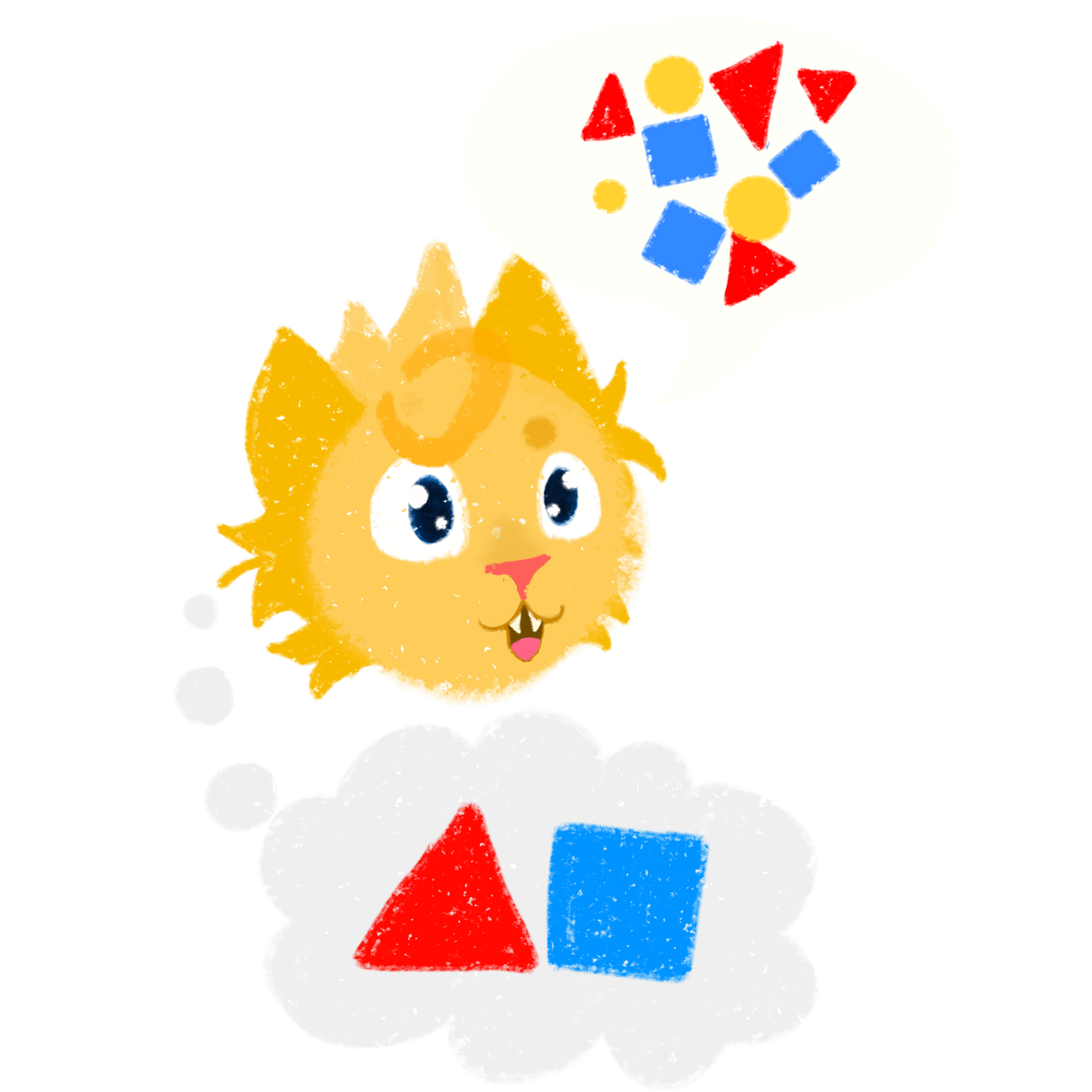 A cartoon cat with large, round eyes is shown. The cat's mouth is open slightly. A speech bubble above the cat's head contains a cluster of various shapes, including triangles, squares, and circles in red, blue, and yellow. In the cat's thought bubble, a red triangle and a blue square are visible.